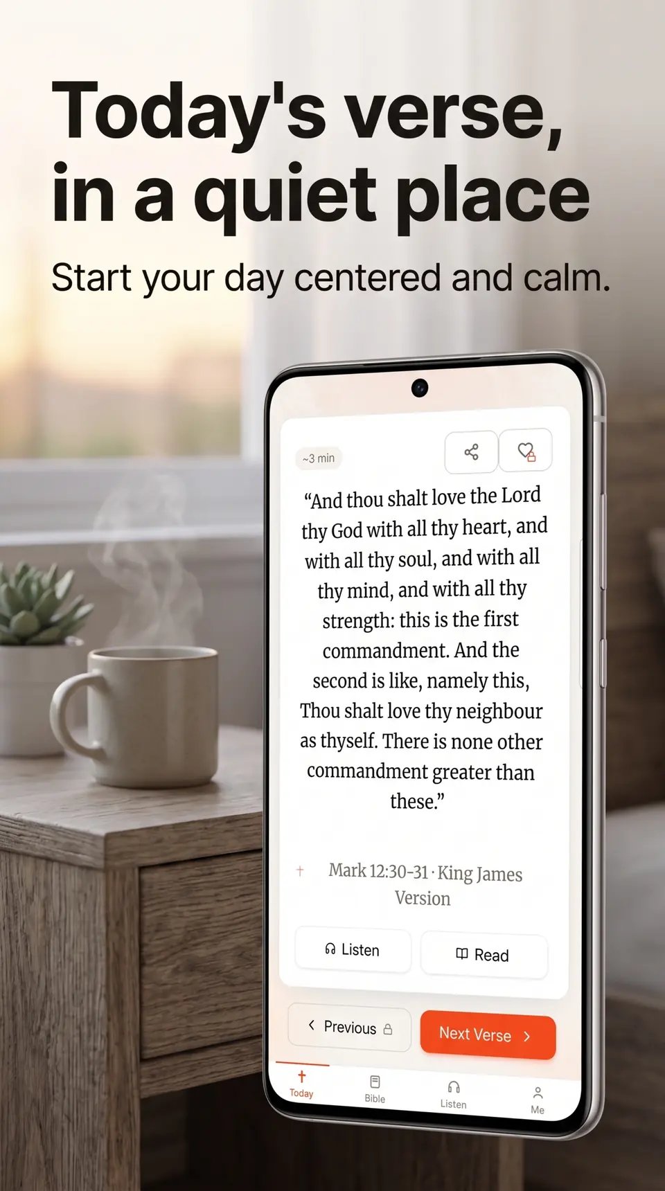 SpiritSpark on a phone beside a coffee cup, showing Mark 12:30-31 in the King James Version with Listen, Read, and Next Verse.