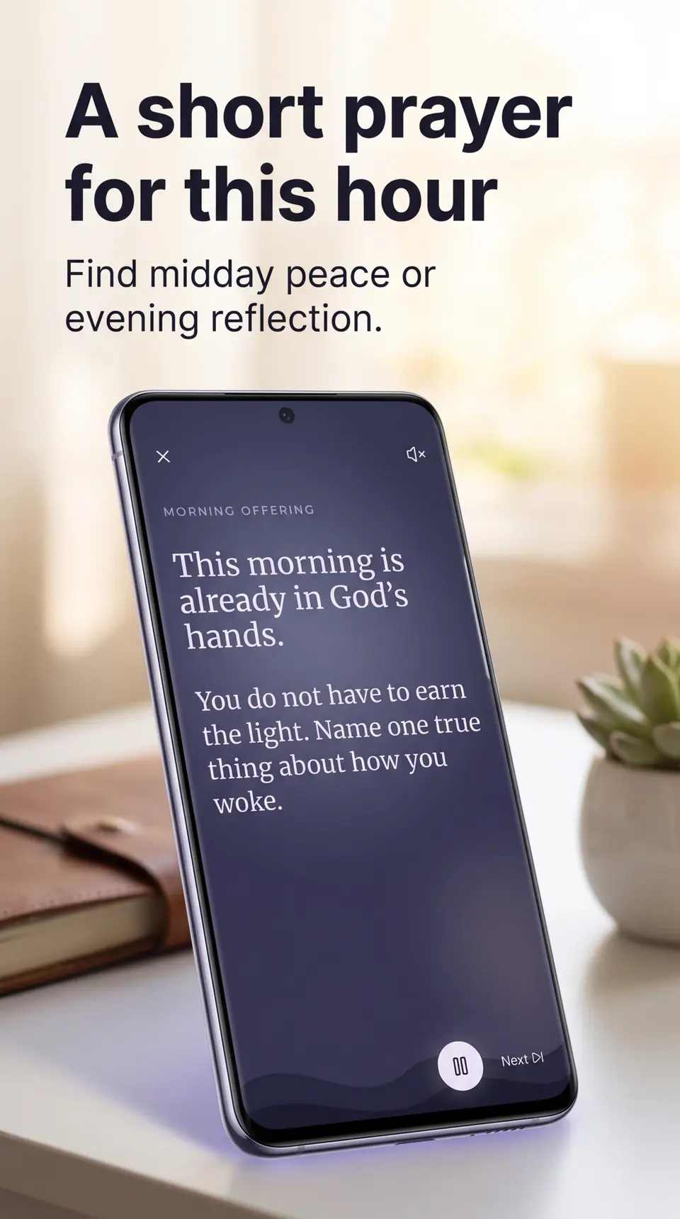 SpiritSpark guided prayer on a phone, Morning offering, with the line This morning is already in God’s hands.