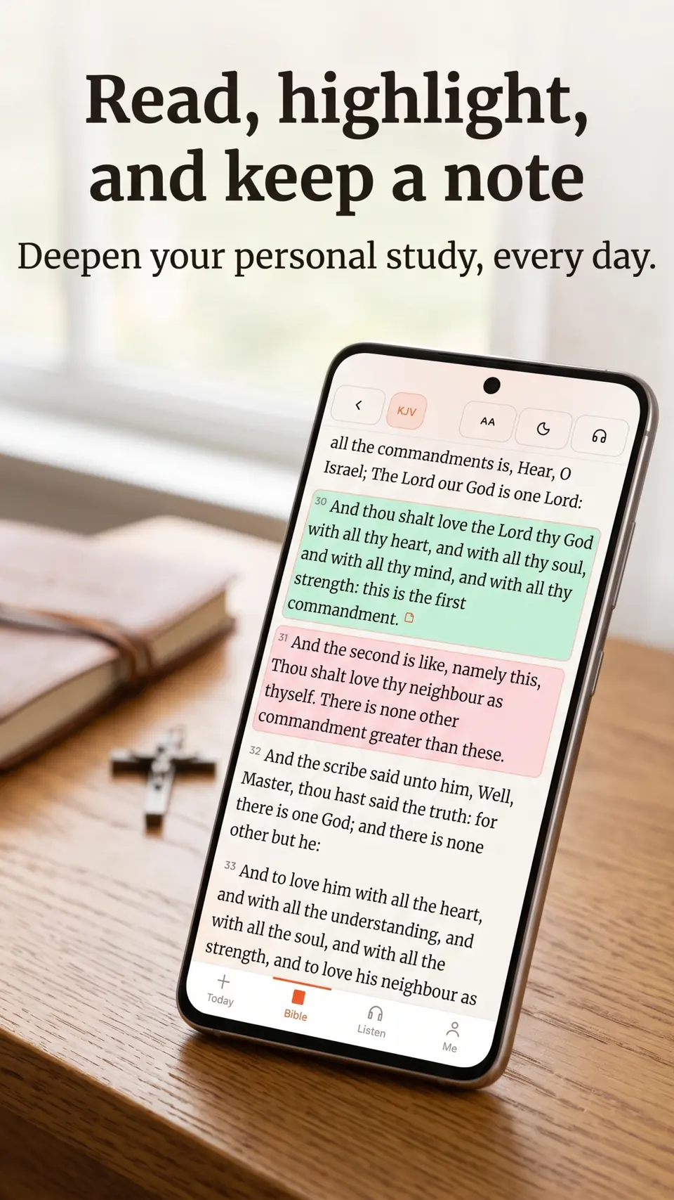 SpiritSpark Bible reader on a phone, King James Version, with Mark 12 highlighted in green and pink.