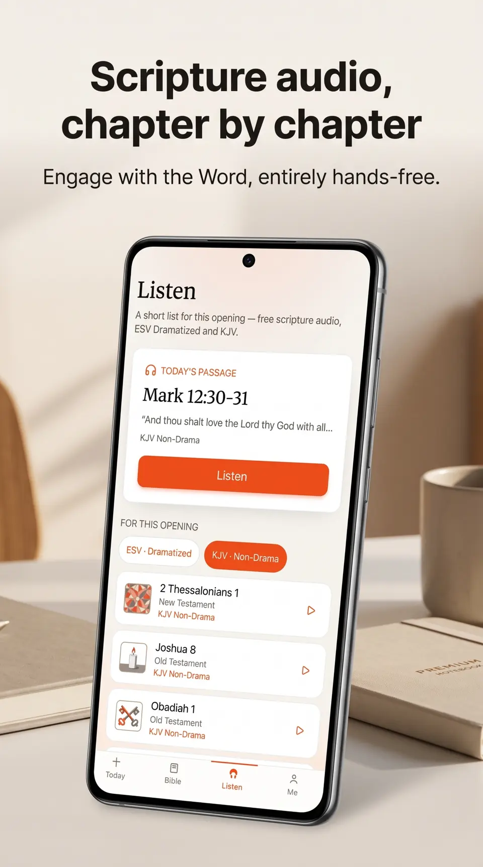 SpiritSpark Listen tab with Mark 12:30-31 ready to play and a list of KJV chapters.