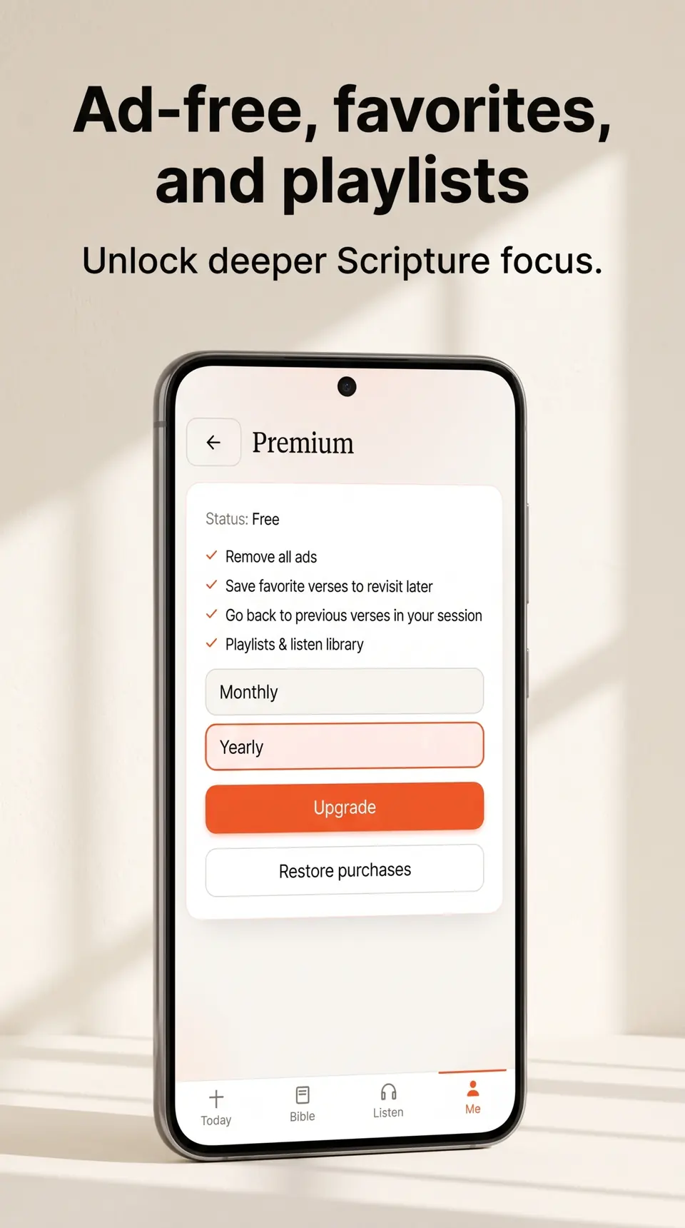 SpiritSpark Premium screen listing remove ads, save favorite verses, previous verses, and playlists, with monthly and yearly choices.