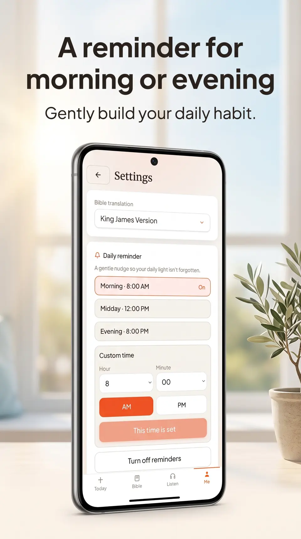 SpiritSpark reminder settings with King James Version selected and morning, midday, and evening times.