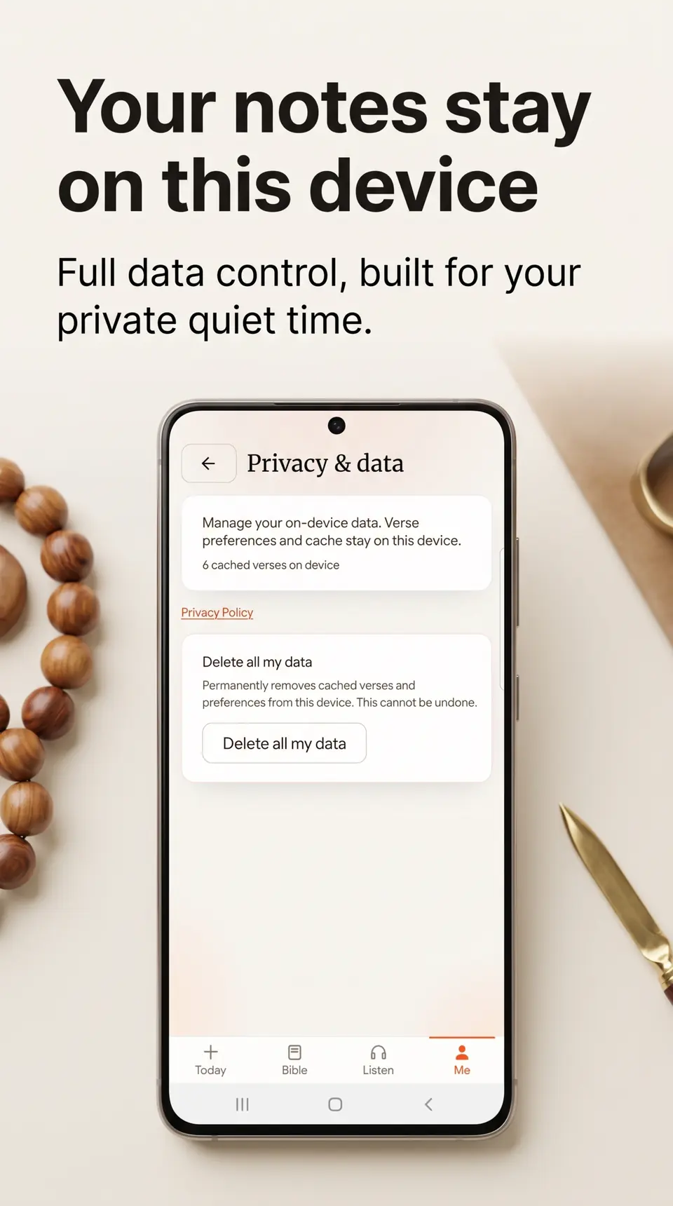 SpiritSpark Privacy and data screen explaining that verse preferences and cache stay on the device, with delete all data.
